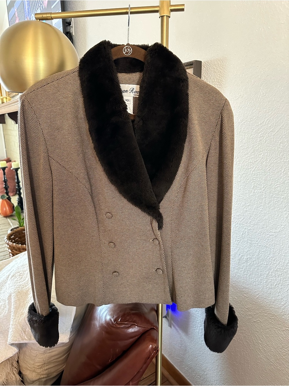 Wool-Blend Brown Blazer with Brown Faux Fur Trim by